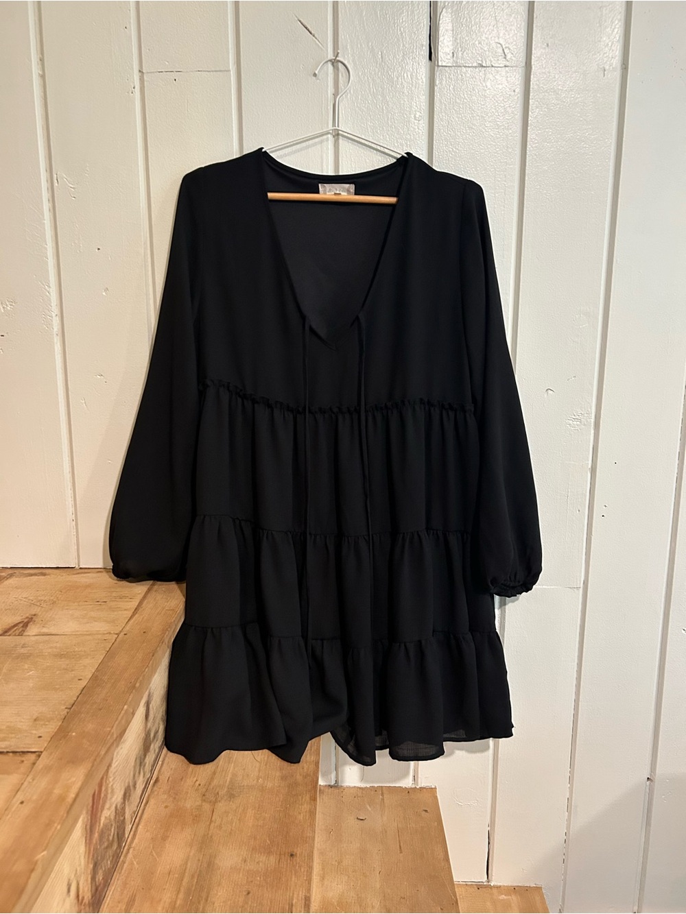 Altar'd State Black Tiered Long Sleeve V-Neck Dress Whimsy‎ Goth Cottage Core